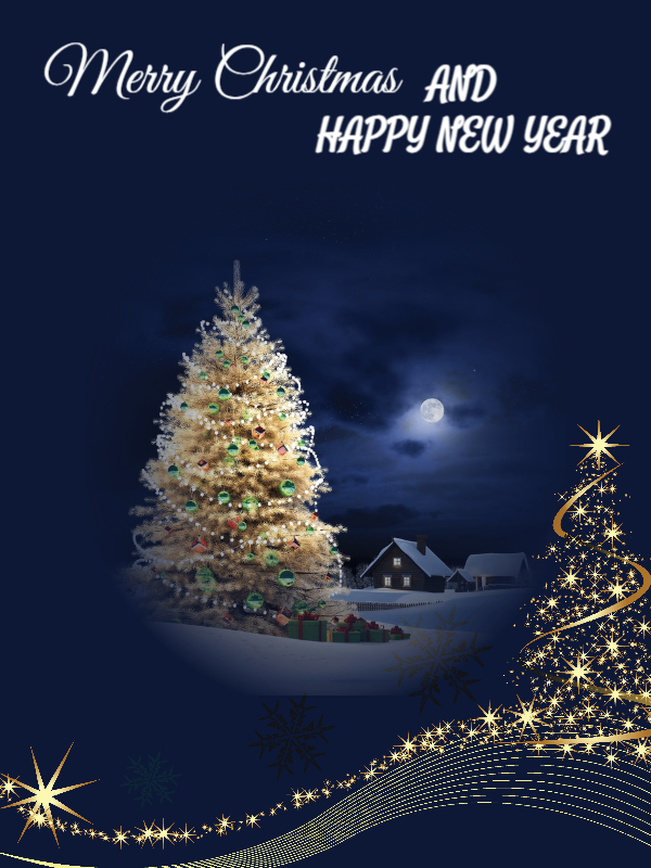 merry christmas and happy new year with a golden christmas tree