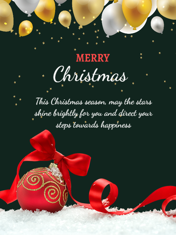 Merry Christmas with red ornaments and gold and white ballon